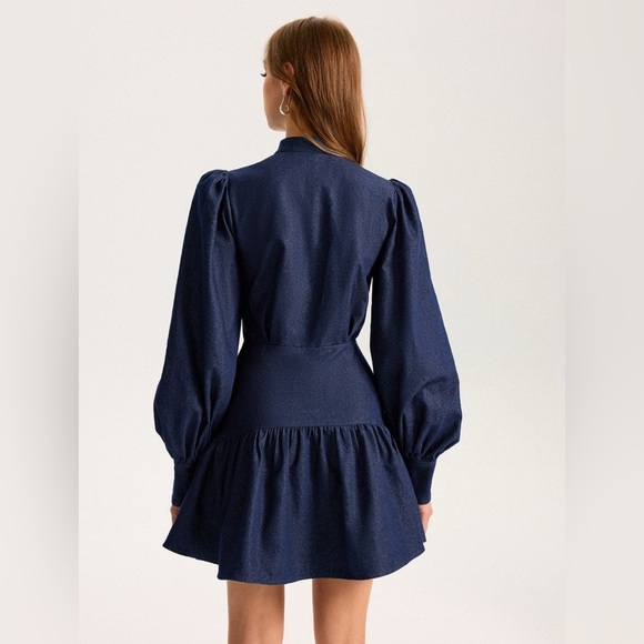 Commense Denim Stand Collar Puff Sleeve Mini Dress - Picture 2 of 8